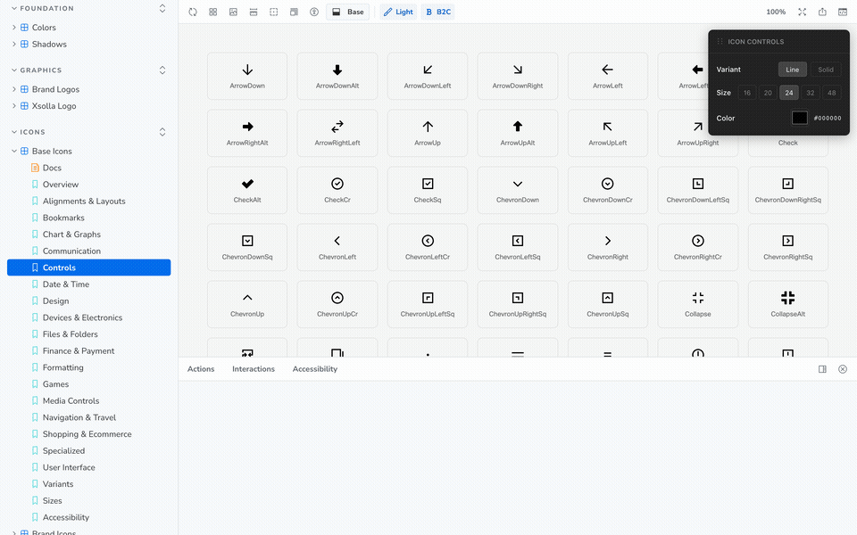 Floating Icon Controls panel dragged over a Storybook icon gallery